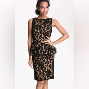 Tadashi Shoji black lace peplum sheath dress nude lining sz 4 cocktail
